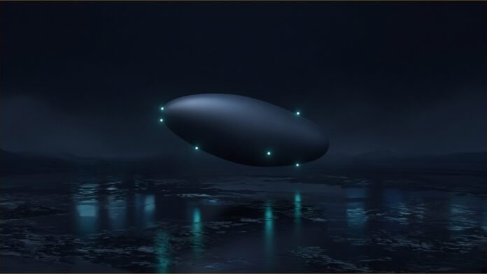 Illustration of a smooth dark capsule shape ringed by small cyan marker lights, hovering over wet reflective ground at night