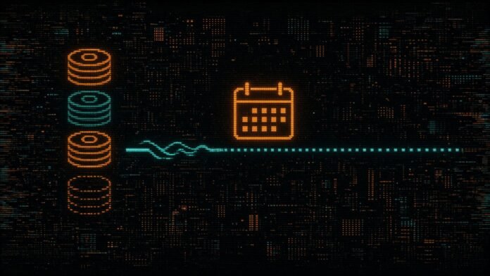 Illustration of a long fibre strand drawn solid at its start and dotted beyond, with a blank orange calendar page above the join and coin stacks at left.