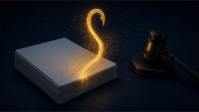 Illustration of a stack of blank forms with a glowing hook pulling data from them beside a judge's gavel