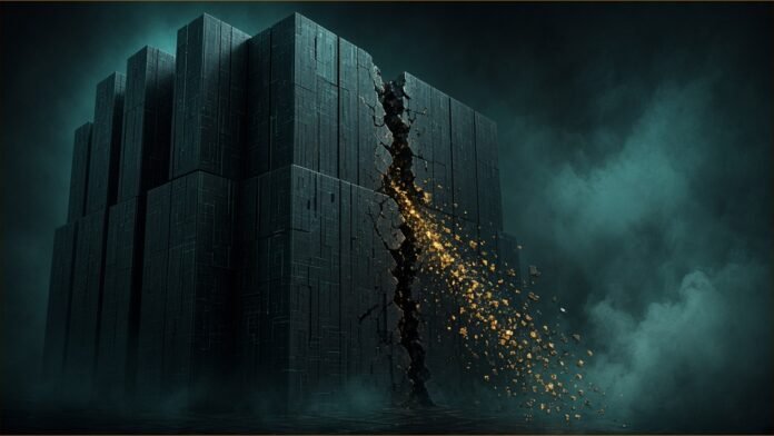 A cracked dark storage block leaking amber data fragments.