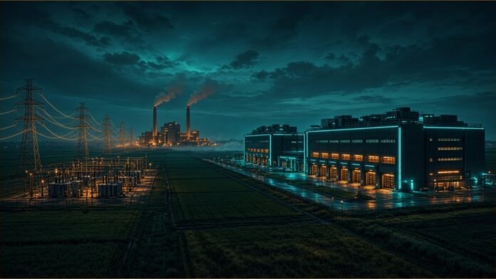 Power lines and a power plant feeding a data centre campus on farmland at night.