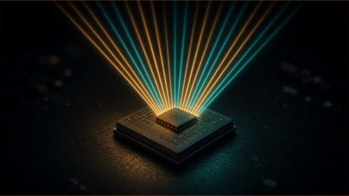 NIST Chip Frequency Comb for Mobile Clocks | TSN A tiny chip emitting evenly spaced amber and teal light lines.