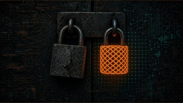 Illustration of a cracked old padlock beside a glowing amber lattice-patterned padlock on a dark steel door