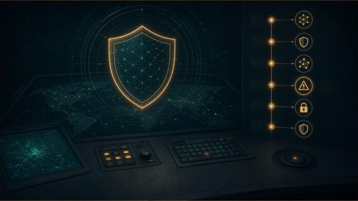A security console with a glowing shield and an incident response timeline.