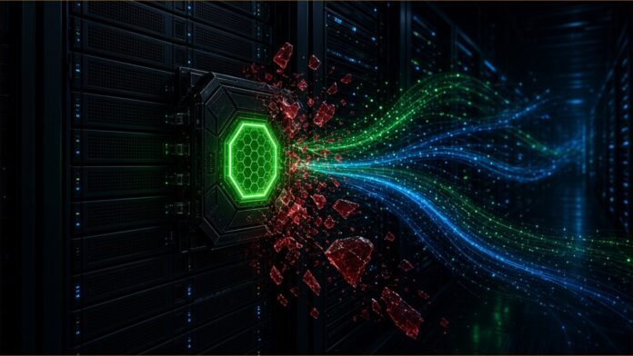 Illustration of a glowing green hexagonal module slotting into a server rack as red shards fall away