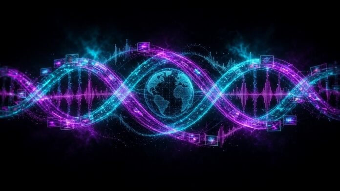 Symbol-only illustration of a glowing double helix of video frames and audio waveforms spiralling around a small wireframe globe.