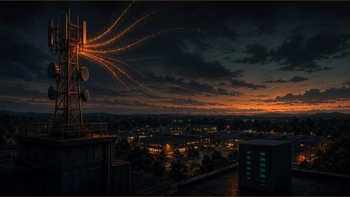 Illustration of a rooftop cell mast at dusk sending glowing data streams into the sky, with a server cabinet lit by green status lights