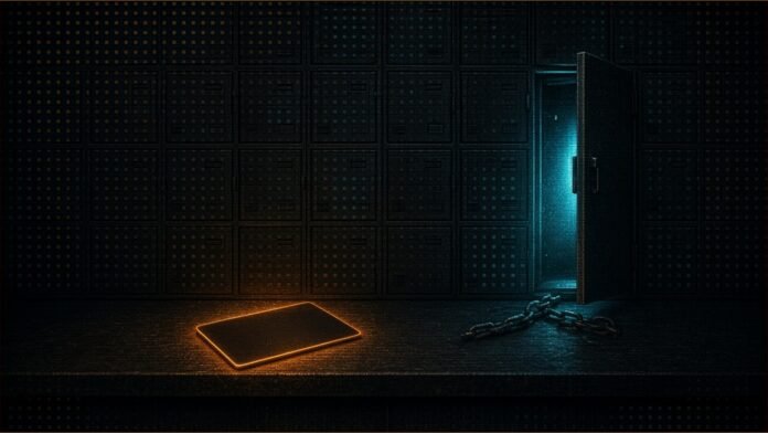 Nol Universe Leak Hits Interpark Stay Bookings | TSN Illustration of a glowing amber blank key card on a dark shelf before a wall of lockers, one open and leaking cyan light beside a cut chain