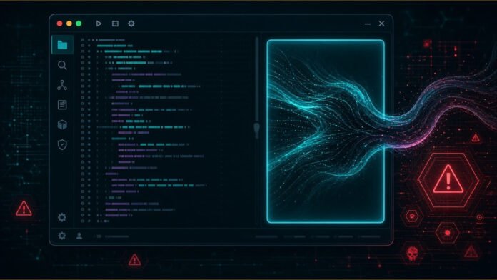 Small glowing preview window on a dark code editor with a thread of light slipping out pulling key and lock glyphs