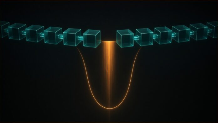 Illustration of Nomad bridge hack concept in teal and amber: a horizontal chain of translucent teal cubes with one cube missing in the middle, a stream of amber light falling through the gap and a thin amber thread looping below to re-link the ends.