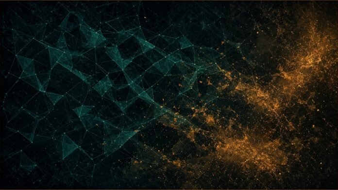 North Korean Hackers Scale Up With AI, Microsoft Says | TSN Illustration of amber light fragments spreading through an orderly teal mesh.