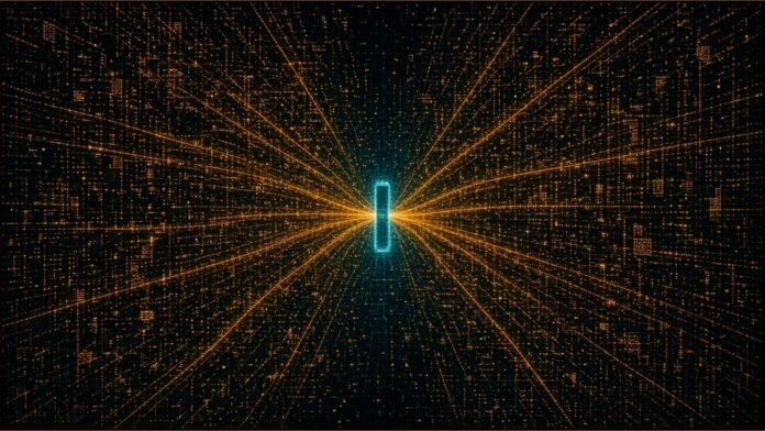 Illustration of countless amber traffic streaks converging on a single narrow cyan gateway that flares under the load