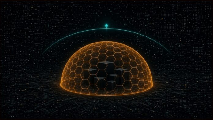 North Vector Raises $20m+ for CM-70 Interceptor | TSN Illustration of an amber hexagonal-mesh protective dome over a cluster of dark blocks, with a teal sensing arc sweeping above it