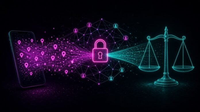 Location data flowing from a phone into an ad network, stopped by a lock and scales