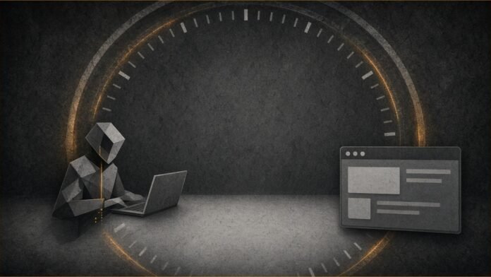 Illustration of a geometric agent figure at a laptop beside a browser window inside a glowing clock ring.