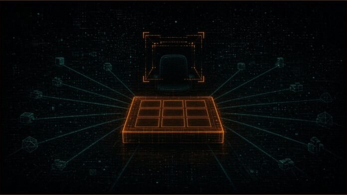 Illustration of an amber workstation sending teal beams out to many small nodes while a scanning bracket hovers over an empty chair