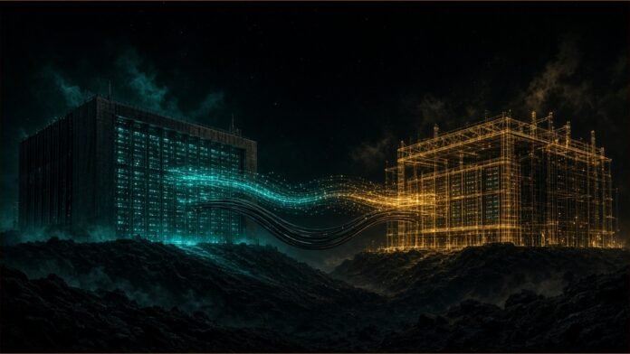 Illustration of two server halls on a dark ridge, one a glowing wireframe, linked by cables and data streams.