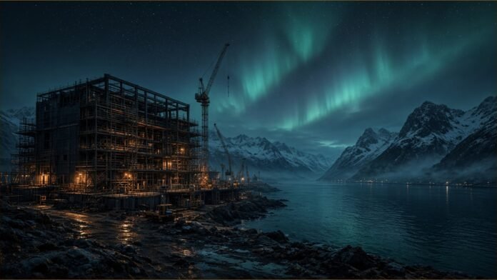 An unfinished data centre with cranes beside a fjord under green aurora.