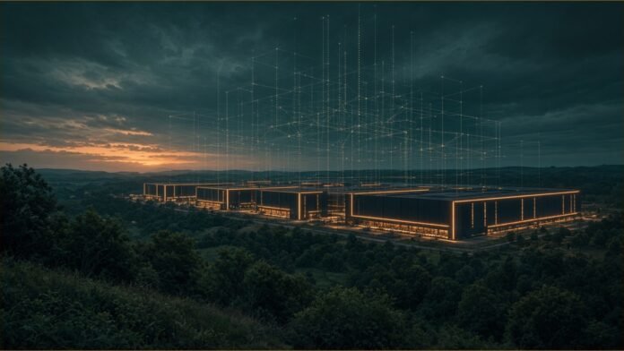 Microsoft Reportedly Exits Nscale Loughton Data Centre | TSN A large data centre campus glowing at dusk among trees, with wireframe data lines rising above it.