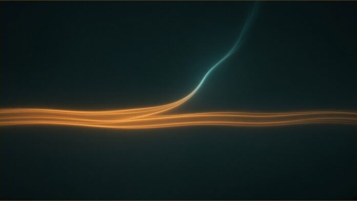 Illustration of NTT Data breach concept in teal and amber: a ribbon of parallel amber light strands running across a dark frame, with one strand bending away and thinning into a teal thread.