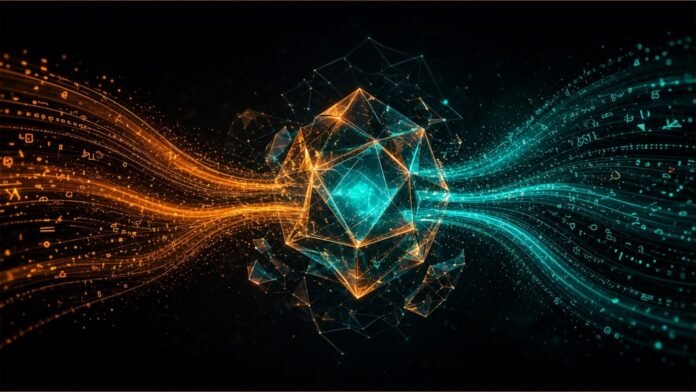 Streams of amber and teal data converging on a crystalline core.