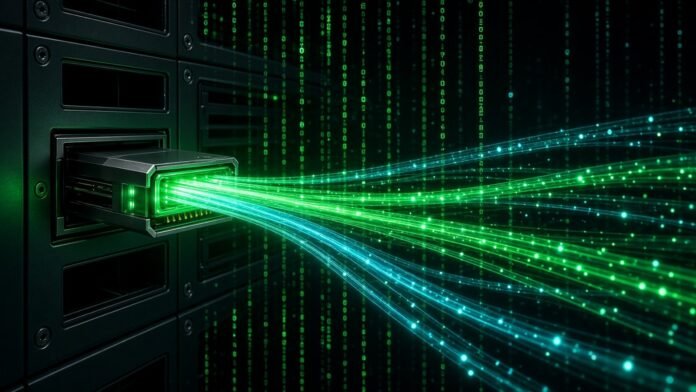 NVIDIA and Cisco Plan USFP 400Gb/s-Per-Lane Pluggable Optics Pluggable optical module beaming laser light through fibre strands