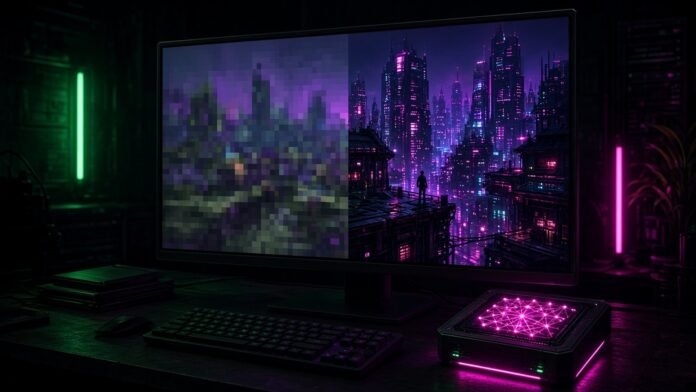 Game scene split between blurry pixels and sharp AI-upscaled detail