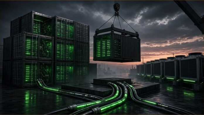 Illustration of glowing server containers being craned onto a pad beside coolant pipes and dry coolers