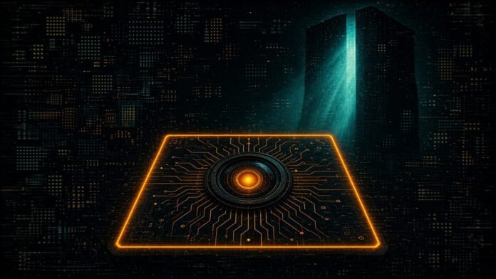 NVIDIA's Jetson Kiosk Demo: Codex Sets Up Gemma 4 to Describe a Webcam Feed Without the Cloud Illustration of a dark circuit board with a glowing amber camera lens at its centre, traces radiating inside a glowing outline, beside a monolith casting a cyan beam.
