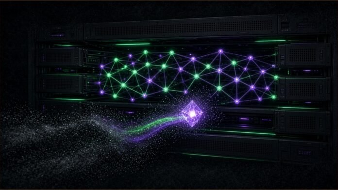 NVIDIA Runs 104-Qubit Quantum Simulation on JUPITER | TSN Illustration of a glowing qubit lattice inside GPU server racks with a crystal filtered from static.