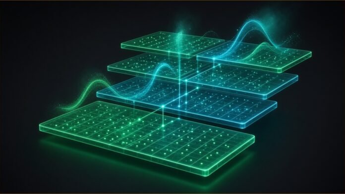 Illustration of stacked glowing database table slabs linked by lines of light, with forecast curves rising out of them