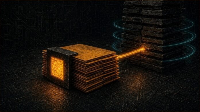 Illustration of a glowing amber block pushing a stack of amber plates towards a dark monolith ringed by teal light