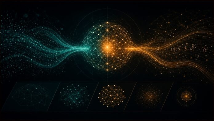 Illustration: MoE sparse-activation lattice linking document, chart and video nodes into an agent tool-rail; green and black.