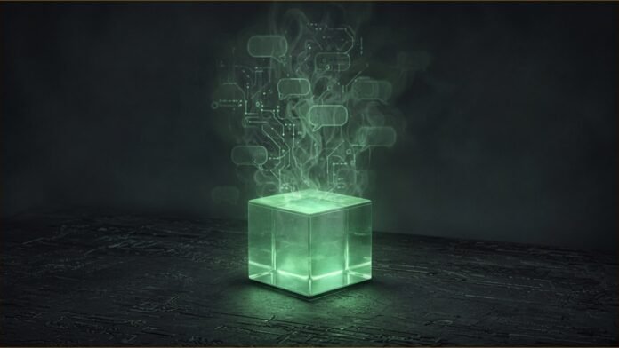 Illustration of a small glowing green cube on a dark workbench with blank speech-bubble shapes and circuit traces rising from it