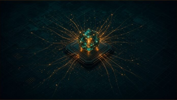 NVIDIA Releases Nemotron Labs Dory1.0-4B | TSN A small glowing neural network core sitting on a compact chip with amber data threads radiating out.