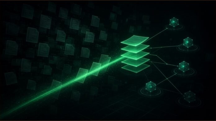 Illustration of floating translucent document pages in a dark archive, with a green beam lifting a few into a ranked stack that feeds a network of small agent nodes