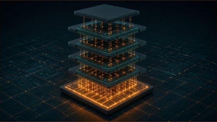 Nvidia NVHBM Base Die With Samsung and TSMC | TSN An exploded stack of memory chip layers with a glowing amber base die.