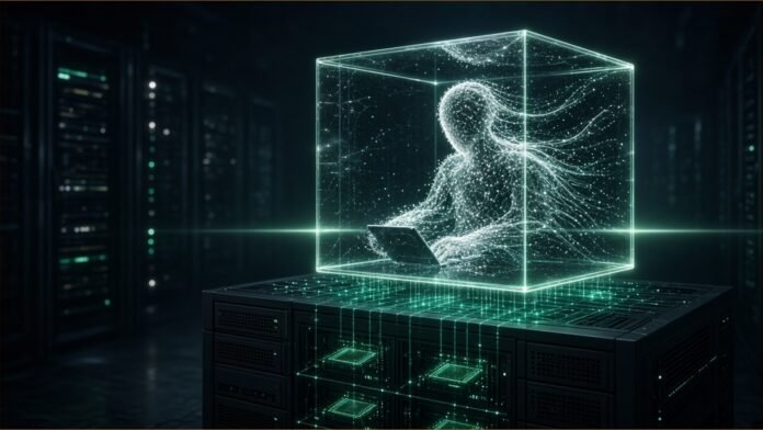 Illustration of a faceless figure made of light working at a laptop inside a glass cube on top of a server rack