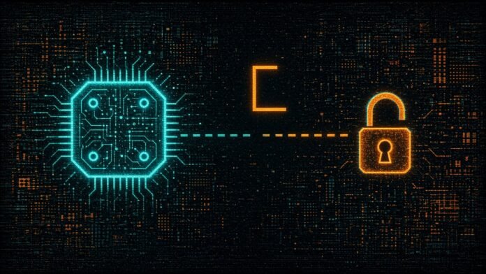 Nvidia Reportedly in Talks to Acquire or Back Reflection AI Symbol-only illustration of a glowing chip joined by a dashed line with a gap to a padlock, with an empty bracket above the gap.