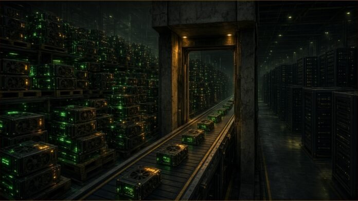 Illustration of a warehouse of stacked graphics cards feeding a few through a narrow gate into a hall of empty racks.
