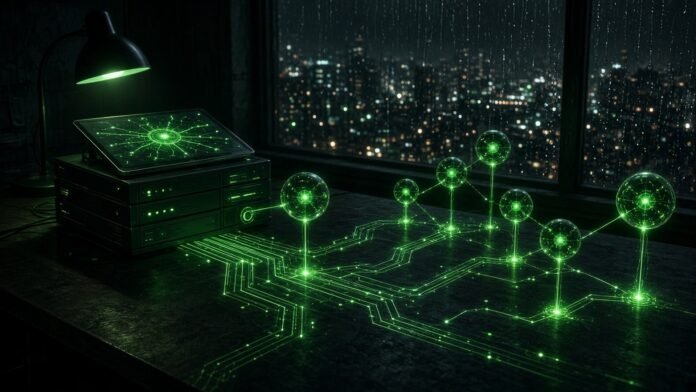 Desktop AI workstation sending out glowing agent orbs along circuit paths