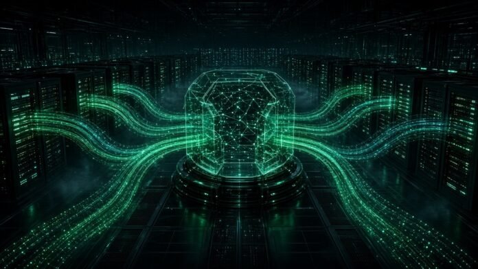 NVIDIA Makes Run:ai Open Source as Part of DSX AI Factory GPU chip split into glowing segments feeding stacked containers from a scheduler node