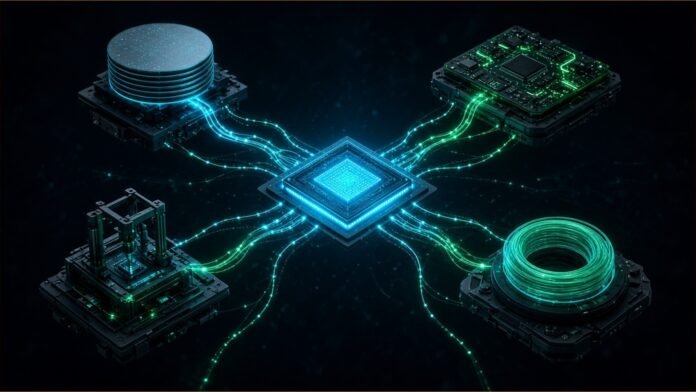Illustration of four floating factory blocks, a wafer stack, circuit board, test rig and fibre coil, linked by light to a central chip