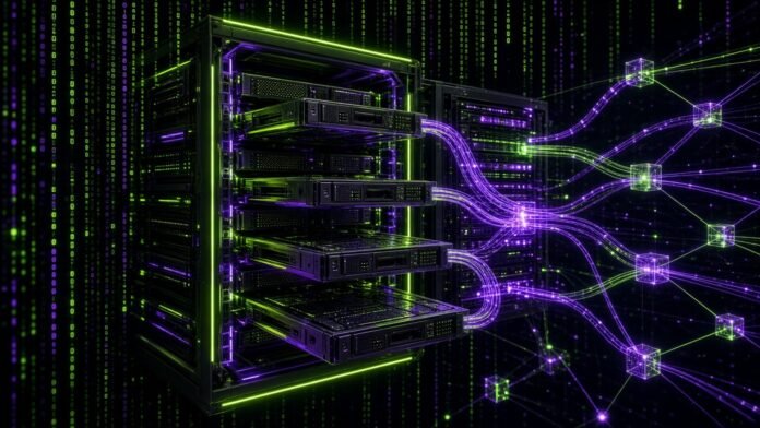 Modular server trays sliding into a neon rack linked by light paths