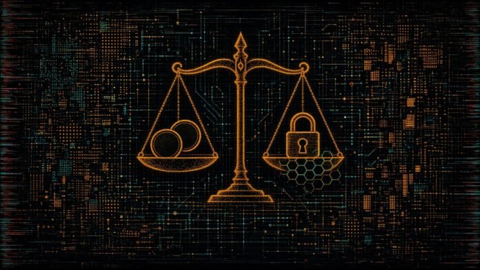 A scale of justice with two coins on one pan and a padlock over a hexagonal tile on the other.