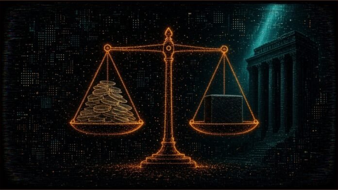 Illustration of a glowing amber balance scale weighing a pile of translucent discs against a dark block, before a columned building