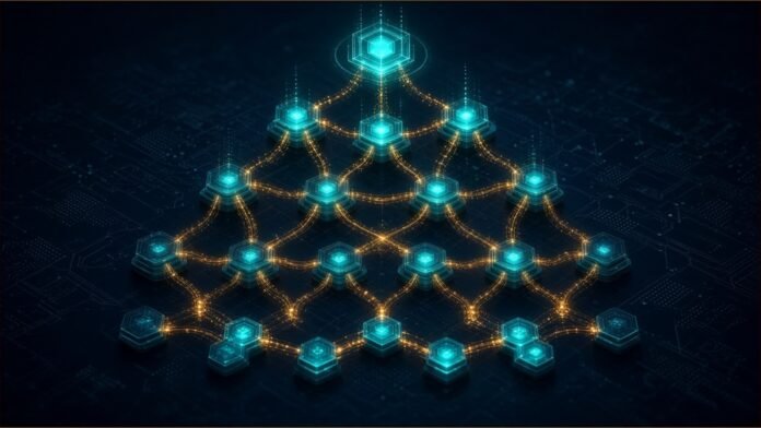 Illustration of a tiered network of glowing teal skill nodes linked by amber pathways, with light pulses rising towards a bright node on a dark circuit background