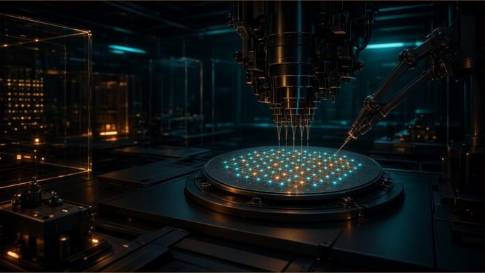 NYC Awards NYU $29.2m for Quantum Fab QFab Cleanroom lattice over a city grid blueprint with quantum chip nodes