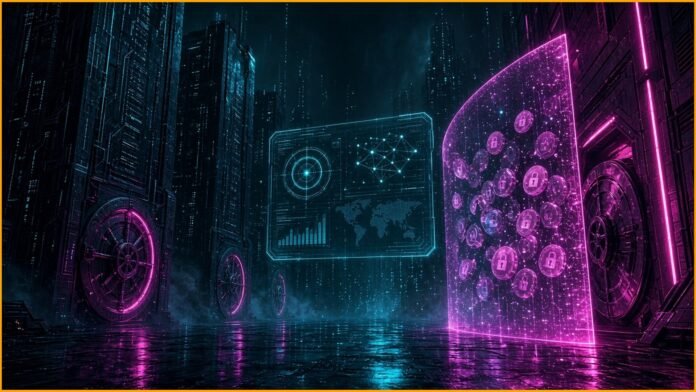 Nine tall glowing vault columns with half-closed gates of light, small nodes waiting outside under a lens