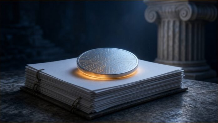 Illustration of a silver coin etched with circuit traces resting on a stack of bound documents, beside a stone column